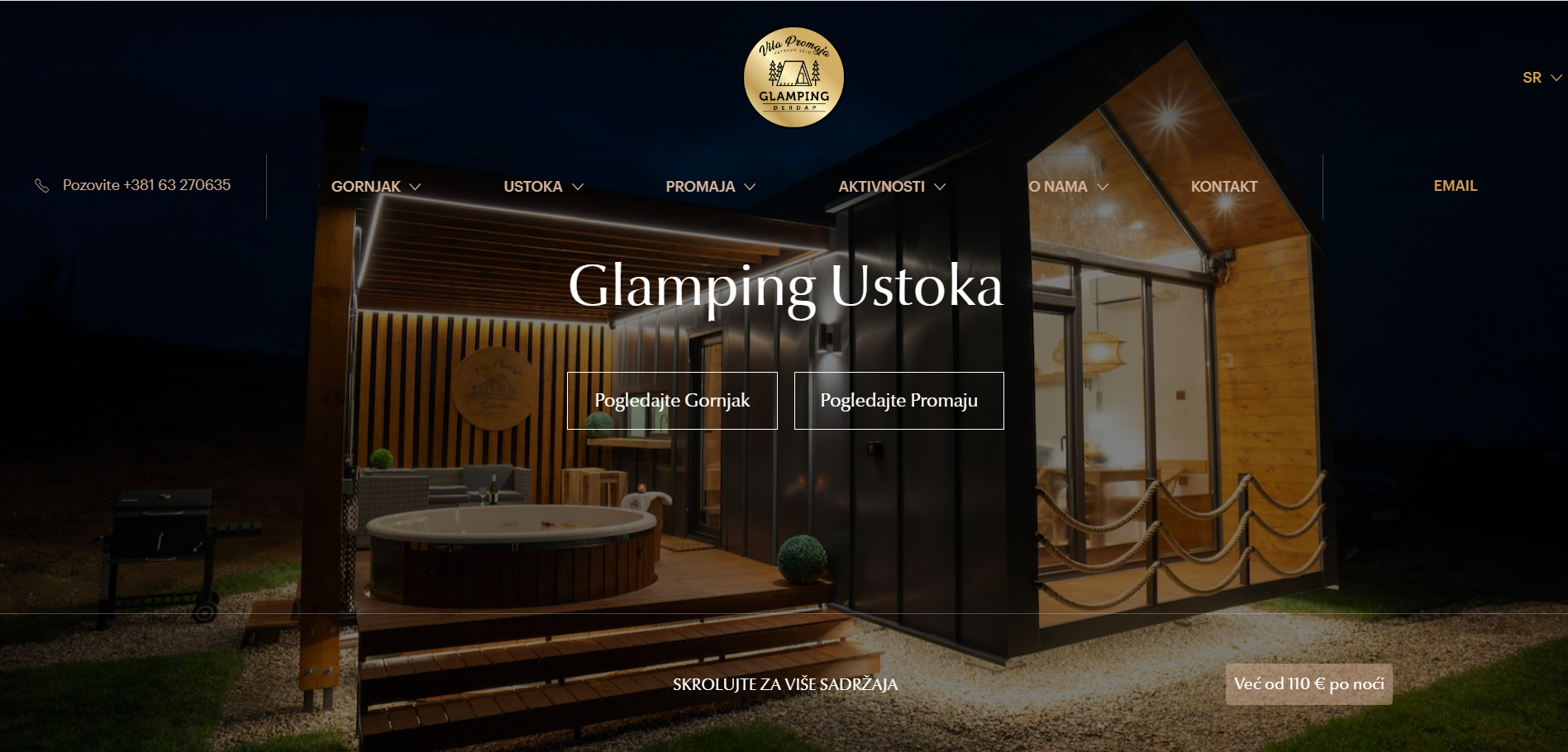 Glamping Ustoka: naslovni prikaz i glavna navigacija