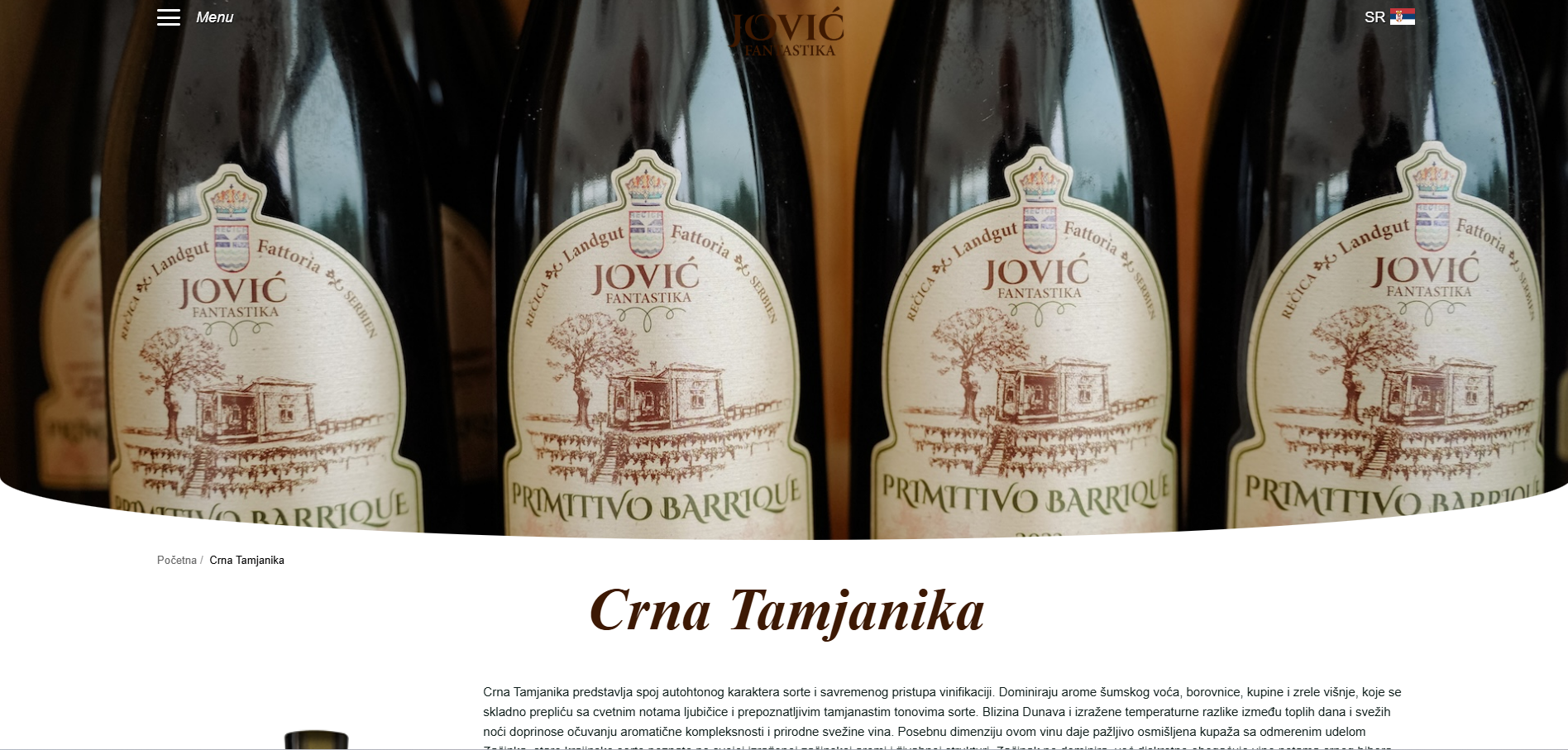 Stranica vina Crna Tamjanika sa fotografijom boca Vinarije Jović Fantastika